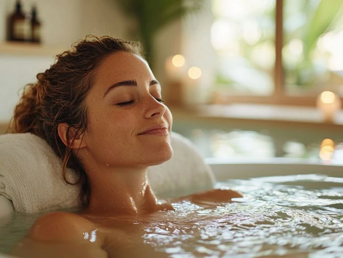 Frau in Badewanne mit Kernzen beim Wellness