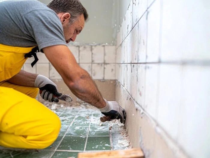 Handwerker beim Entfernen von Fliesen