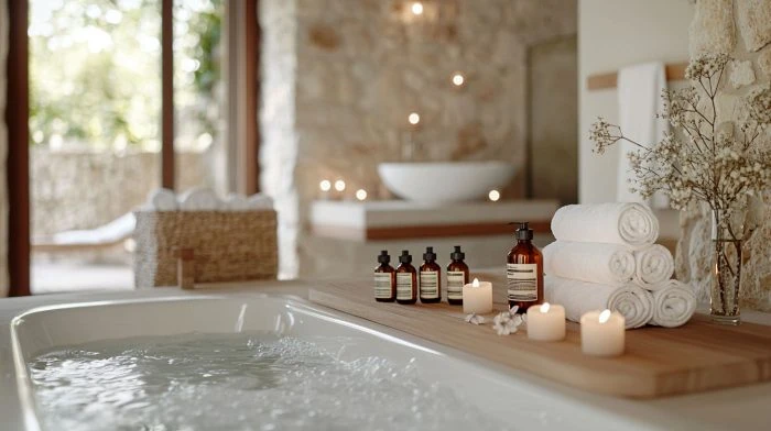 Wellness Badezimmer mit Badewanne und Kerzen